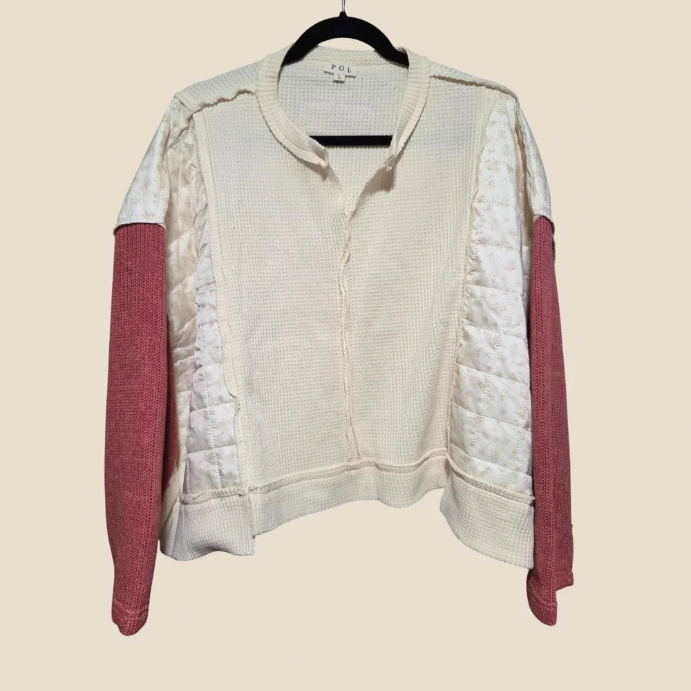 POL Mixed Media Waffle Knit Quilted Patchwork Pullover Top Cream Mauve YKT1307A - Picture 3 of 10